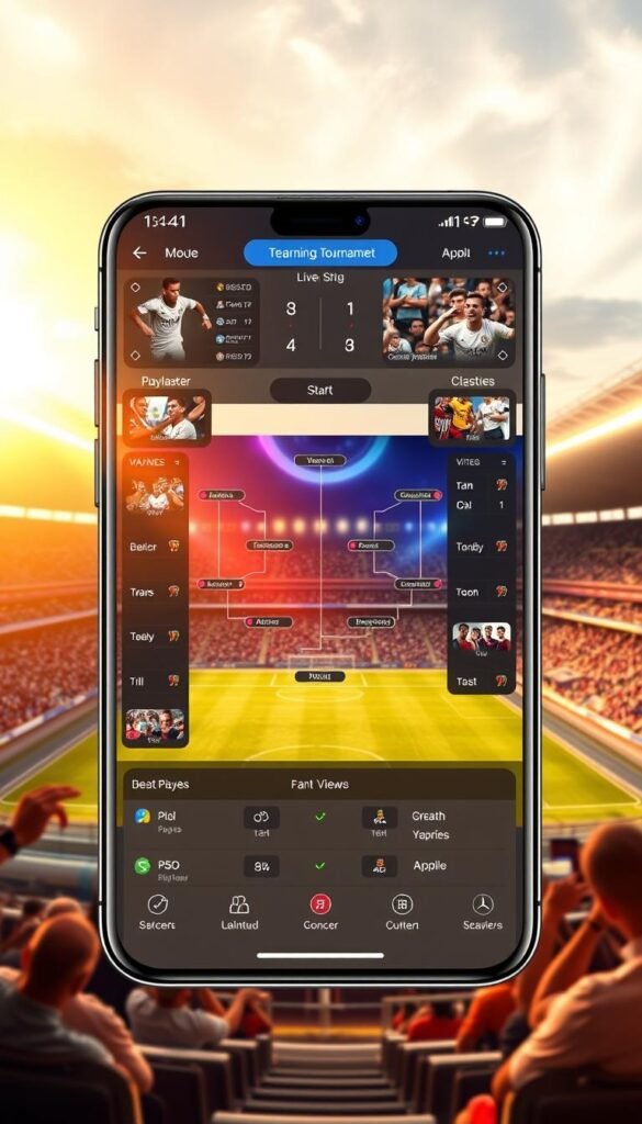 A vibrant soccer tournament app interface, designed by Hoxtoon Provider, showcases the next generation of soccer viewing experience. In the foreground, a sleek and intuitive dashboard displays live match scores, team lineups, and player stats. Seamlessly integrated video player windows allow fans to watch the action unfold in stunning 4K. The middle ground features a dynamic tournament bracket, with teams advancing through the rounds in a visually engaging manner. In the background, a panoramic stadium view sets the stage, capturing the energy and excitement of the event. Warm, golden lighting imbues the scene with a sense of anticipation, while a subtle lens flare adds depth and dimension. The overall composition conveys the immersive and cutting-edge nature of this revolutionary soccer viewing experience.