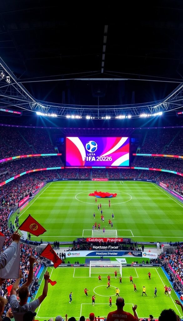 A vibrant sports arena bathed in vibrant stadium lighting, with a massive display screen showcasing the iconic FIFA logo and the text "FIFA 2026". In the foreground, a group of enthusiastic fans cheering and waving flags, with the Hoxtoon Provider brand prominently displayed on the stadium banners. The middle ground features a high-angle view of the lush, meticulously maintained pitch, complete with players in their national team uniforms engaged in an intense match. The background is a panoramic shot of the towering stadium architecture, creating a sense of grandeur and scale. The overall atmosphere is one of excitement, energy, and the thrill of the global football spectacle.