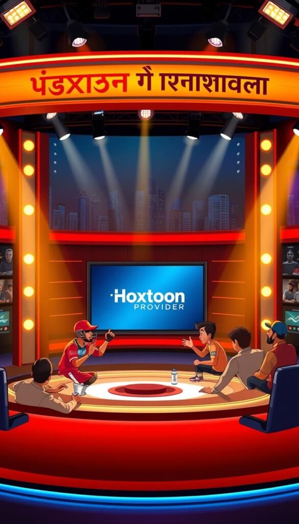 A vibrant sports studio, bathed in warm lighting, with a prominent Hindi news ticker wrapping around the perimeter. In the foreground, a group of sports commentators passionately discussing the latest cricket and football matches, their animated gestures and expressions conveying the energy of the game. The middle ground features a large screen displaying the Hoxtoon Provider logo, showcasing the platform's ability to deliver high-quality Hindi sports content. The background is filled with a dynamic cityscape, hinting at the global reach and accessibility of the Hoxtoon Provider service.