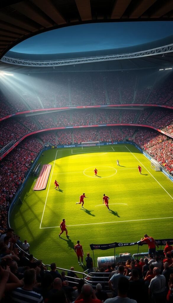 A vibrant stadium with packed bleachers, the roar of the crowd echoing through the air. On the lush, verdant pitch, players in national team uniforms engage in a fierce, high-stakes match of the FIFA World Cup, their skilled maneuvers and powerful shots captivating the audience. Dramatic lighting casts long shadows, highlighting the drama and tension of the game. In the background, the iconic Hoxtoon Provider logo shines, a testament to the premier IPTV service delivering this electrifying soccer spectacle in stunning 4K resolution. The scene evokes the unbridled passion and global unity that define the world's greatest sporting event.