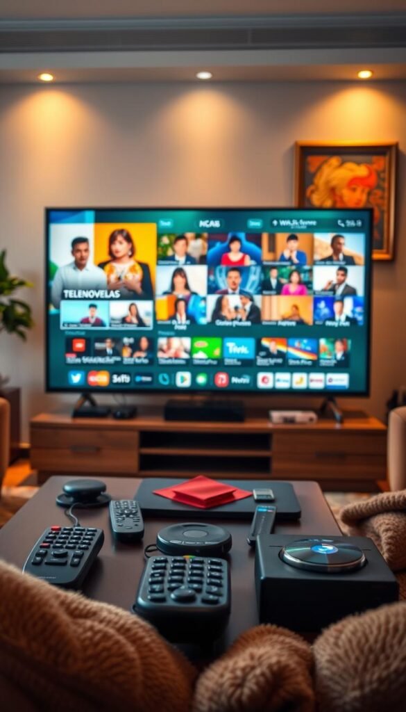 A vibrant television set displaying a diverse array of Latin American programming. In the foreground, a sleek modern television screen showcases lively telenovelas, news broadcasts, and cultural showcases. The middle ground features various remotes, streaming devices, and the Hoxtoon Provider logo, hinting at the seamless integration of Latin American content. The background depicts a warm, inviting living room setting with plush furnishings and vibrant artwork, creating a cozy atmosphere for immersive viewing. Soft, diffused lighting accentuates the rich colors and textures, evoking the vibrant spirit of Latin American culture. A high-resolution, cinematographic composition captures the growing demand for quality Latin American content in the digital age.