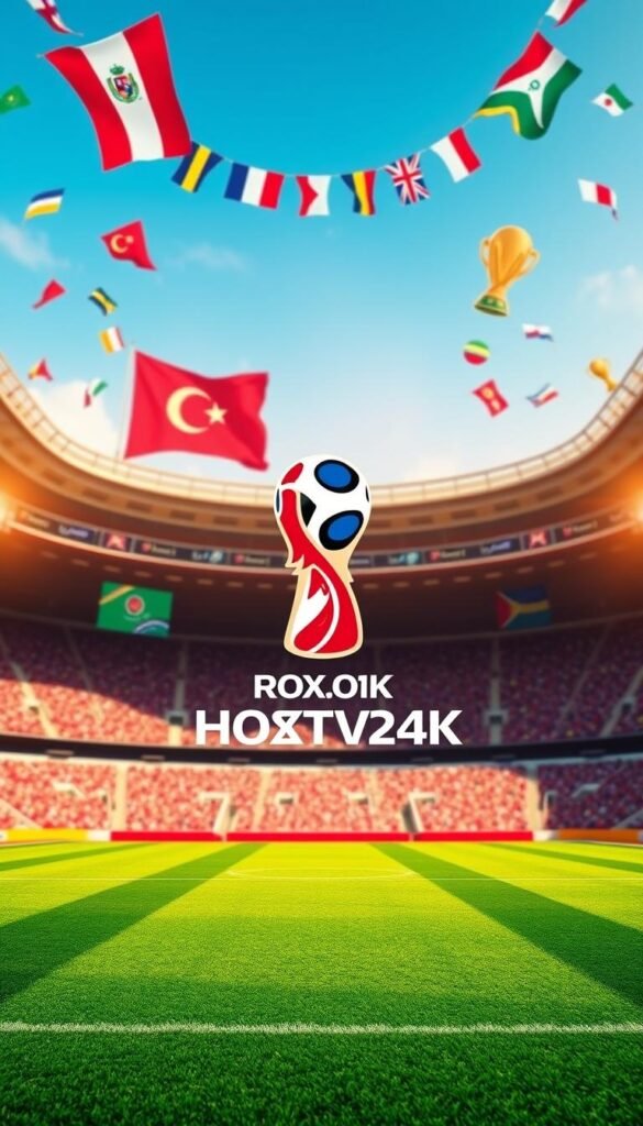 A vibrant, ultra-high-definition image showcasing the "IPTV4K World Cup Offers" from Hoxtoon Provider. In the foreground, a bold and eye-catching display of the Hoxtoon Provider logo, rendered in a sleek and modern design. The middle ground features a football field with vibrant green grass, surrounded by stadium seating and a clear, blue sky overhead. The background is filled with an array of World Cup-themed graphics, including flags, trophies, and other celebratory elements. The overall scene is illuminated by warm, natural lighting, creating a welcoming and energetic atmosphere. The composition is well-balanced, drawing the viewer's attention to the key elements of the "IPTV4K World Cup Offers" from the Hoxtoon Provider.