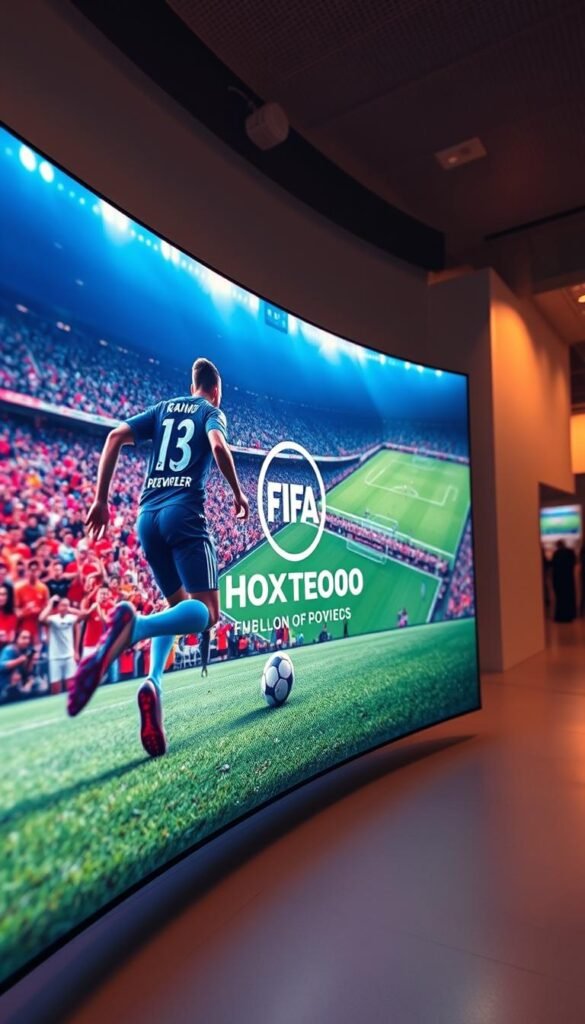 A vibrant, ultra-high-definition scene of a FIFA match being streamed on a large, curved display. In the foreground, a dynamic close-up of a skilled player dribbling the ball, their movements captured in crisp detail by a professional-grade camera lens. The middle ground features the stadium crowd, their excitement and enthusiasm palpable, illuminated by the warm glow of the overhead lighting. In the background, the iconic Hoxtoon Provider logo stands prominently, signifying the superior streaming quality that brings this immersive football experience to life. The overall atmosphere is one of energy, excitement, and the thrill of the beautiful game, perfectly suited for the "Why FIFA Matches Deserve Ultra HD Quality" section of the article.
