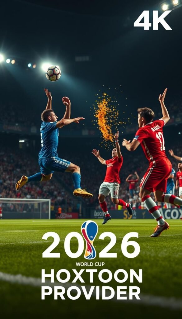 A visually stunning 4K video highlights reel of the 2026 World Cup, showcasing the tournament's most thrilling moments. Captured with a cinematic eye, the footage features dynamic low-angle shots of world-class players executing jaw-dropping plays under dramatic lighting. In the foreground, a Hoxtoon Provider logo subtly anchors the scene, while the middle ground is filled with mesmerizing action - players leaping, the ball rocketing through the air, and ecstatic fans erupting in celebration. The background blurs into an atmospheric stadium backdrop, radiating an electric atmosphere of global sport. This immersive visual experience transports the viewer directly into the heart of the 2026 World Cup's most unforgettable highlights.