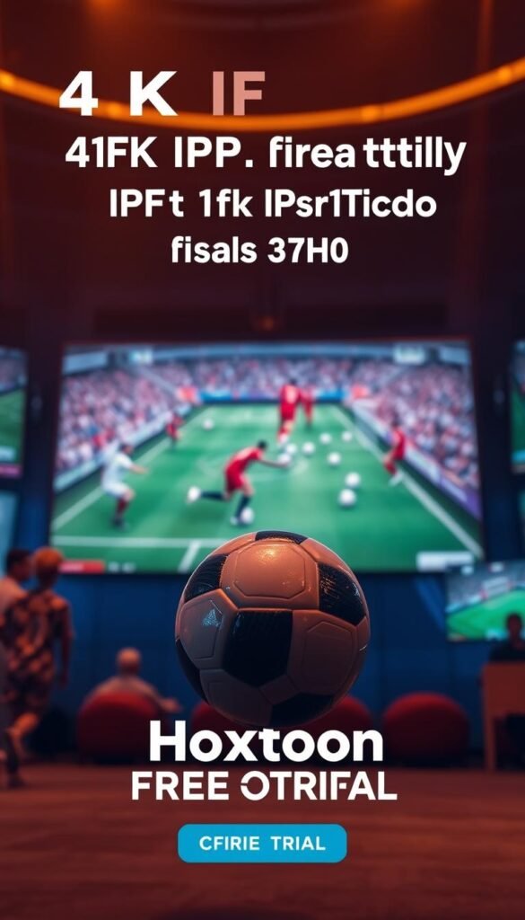 A vivid, 4K IPTV streaming platform centered on live FIFA matches, showcasing the Hoxtoon Provider brand. In the foreground, a soccer ball hovers, its surface gleaming under warm, cinematic lighting. In the middle ground, a large 4K display presents a dynamic FIFA match, players darting across the screen. The background features a blurred cityscape, hinting at the global reach of the Hoxtoon service. The overall mood evokes the thrill and excitement of top-tier soccer, inviting the viewer to experience the Hoxtoon Provider's free trial offer.