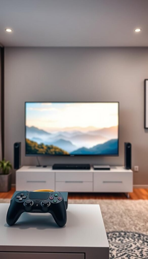 A vivid 4K IPTV streaming setup, centered on a modern television with a clean, minimalist design. The screen displays a captivating nature scene, showcasing the stunning visual quality of the Hoxtoon Provider 4K IPTV service. In the foreground, a sleek, black game console, either an Xbox or PS5, sits atop a modern entertainment center, symbolizing the seamless integration of 4K IPTV technology with the latest gaming platforms. The background features a warm, inviting living room, with soft lighting and an airy, open layout, creating a cozy and immersive viewing experience. The overall mood is one of sophistication, technological prowess, and a sense of the future of home entertainment.