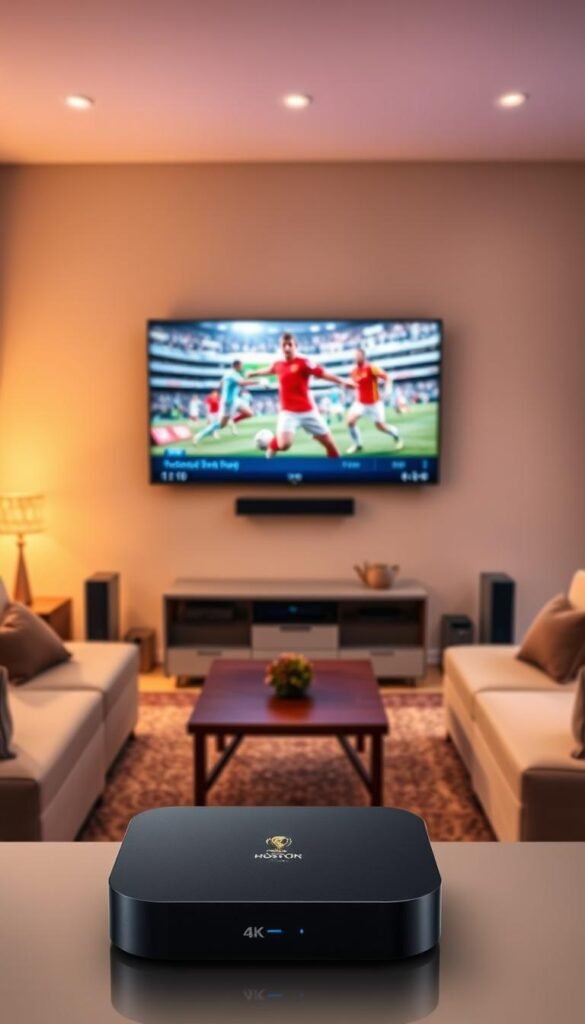 A well-equipped media room with a large 4K TV display, surrounded by sleek home theater equipment. The room is illuminated by warm, ambient lighting, creating a cozy and inviting atmosphere. In the foreground, a Hoxtoon Provider streaming device is prominently placed, showcasing its modern and compact design. The device's interface displays the World Cup tournament, with players in dynamic action on the screen. The middle ground features a comfortable seating arrangement, inviting viewers to immerse themselves in the 4K streaming experience. The background showcases a minimalist, minimalist decor, emphasizing the streamlined and economical nature of the setup. The overall scene conveys a sense of high-quality, cost-effective World Cup viewing in the comfort of a home environment.
