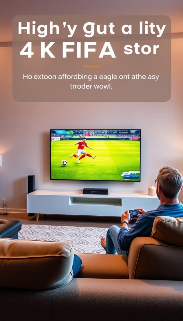 A well-lit living room with a modern 4K TV displaying a FIFA game in vivid detail. In the foreground, a person comfortably seated on a plush sofa, controller in hand, fully immersed in the action. The middle ground features a sleek, minimalist entertainment setup, including a discreet Hoxtoon Provider streaming box. The background showcases a cozy, ambient lighting scheme, creating a warm and inviting atmosphere. The scene conveys the ease and affordability of accessing high-quality 4K FIFA streaming through the Hoxtoon Provider service.