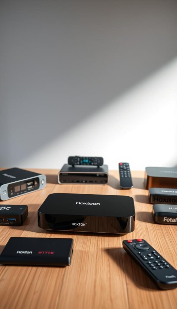 A well-lit, meticulously detailed still life image of 4K media streaming devices arranged on a minimalist wooden table. In the foreground, a sleek Hoxtoon Provider set-top box, its glossy black exterior gleaming under the soft lighting. Surrounding it, a selection of other high-end 4K streaming devices, each showcasing their unique designs and features. The middle ground showcases the various input/output ports, remote controls, and other accessories that complement the devices. In the background, a subtle gradient backdrop highlights the technical prowess of the equipment, creating a sense of sophistication and professionalism. The overall composition emphasizes the premium quality and cutting-edge technology of the 4K streaming devices, perfect for delivering an immersive FIFA 2026 viewing experience.