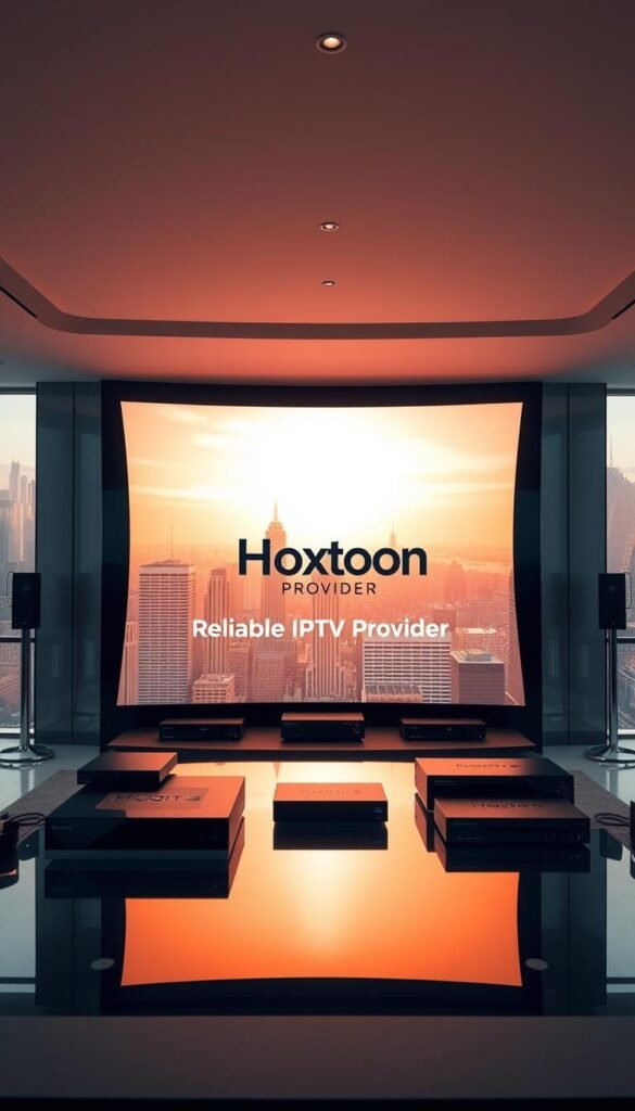 A well-lit, modern office interior with a sleek, minimalist design. In the center, a large, curved LED display showcases the Hoxtoon Provider logo, with the text "Reliable IPTV Provider" prominently featured. The display is flanked by several high-end media streaming devices, arranged neatly on a glass-topped desk. The background features a panoramic window overlooking a bustling cityscape, with warm, natural lighting filtering in. The overall mood is one of professionalism, quality, and technological innovation, reflecting Hoxtoon's position as America's premier IPTV provider.