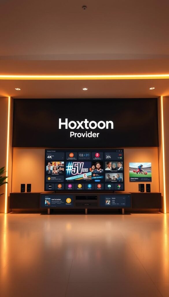 A wide-angle view of a modern, sleek media hub displaying the Hoxtoon Provider brand prominently. The dashboard showcases a variety of vivid icons and infographics highlighting the comprehensive features of the World Cup streaming bundle, including 4K video, multi-angle camera views, real-time stats, and customizable alerts. Warm, soft lighting casts a professional, premium atmosphere, while the minimalist design and clean UI convey a sense of technological sophistication. The overall scene emphasizes the robust capabilities and seamless user experience of the Hoxtoon World Cup streaming solution.