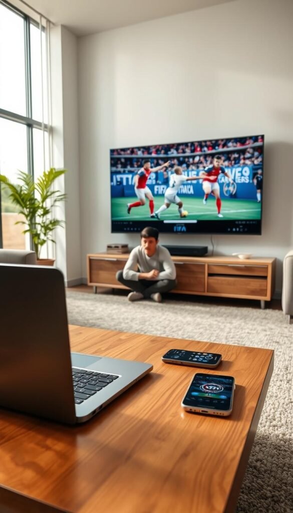 A wide-angle view of a modern, well-lit living room with a large flatscreen TV displaying a FIFA match. In the foreground, a laptop and a mobile device are placed on a sleek wooden coffee table, representing the various streaming challenges viewers might face. The middle ground features a person sitting on a comfortable couch, looking intently at the screen, their expression conveying frustration or concern. The background showcases a large window with natural light streaming in, creating a sense of openness and potential for a seamless, high-quality viewing experience with the "Hoxtoon Provider" service.
