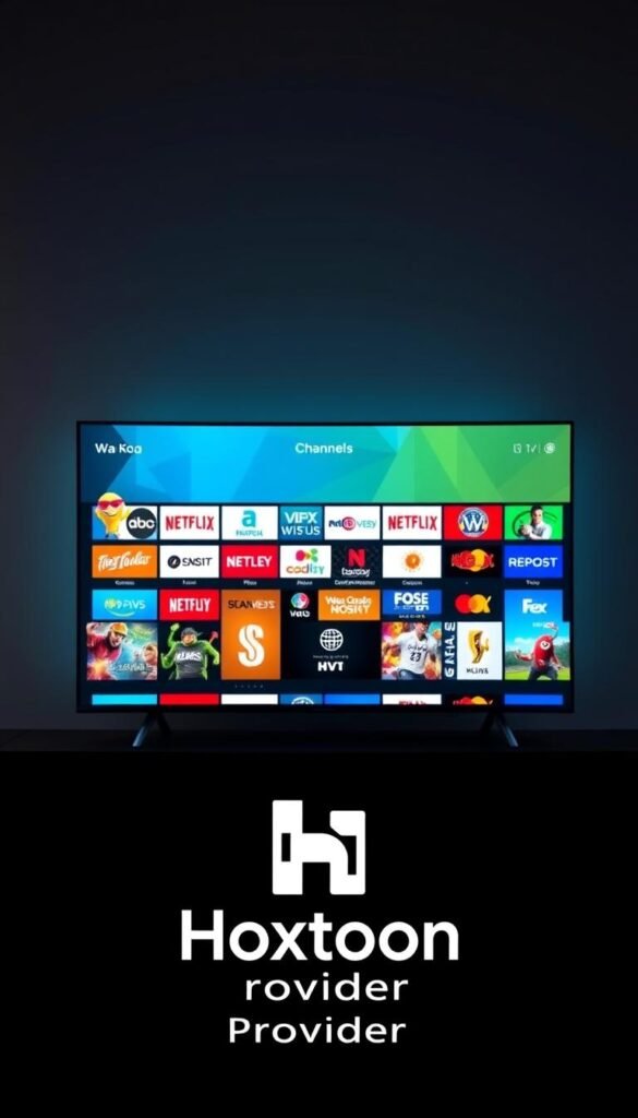 A wide assortment of IPTV subscription channels displayed on a sleek, modern TV screen. The screen is set against a minimalist, high-contrast background, bathed in soft, directional lighting that highlights the vibrant colors and crisp, detailed visuals of the channels. In the foreground, the Hoxtoon Provider logo is prominently showcased, conveying a sense of premium quality and reliability. The overall composition exudes a sense of technological sophistication and entertainment potential, perfectly capturing the essence of Hoxtoon's comprehensive channel lineup.