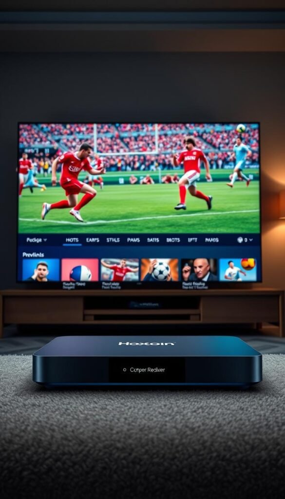 A wide-screen 4K HDTV displays a vibrant football match, showcasing the vivid colors and dynamic action of the game. In the foreground, a sleek, modern streaming device labeled "Hoxtoon Provider" sits prominently, indicating the high-quality IPTV4K football streaming service. The middle ground features a detailed user interface with crisp graphics, intuitive controls, and a selection of live matches and on-demand content. The background depicts a dimly lit, cozy living room, with plush furniture and subtle lighting, creating a comfortable and immersive viewing experience.