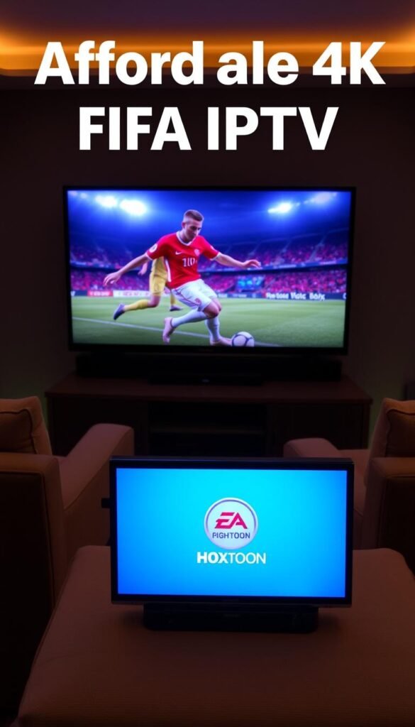 Affordable 4K FIFA IPTV: a cozy home theater setup with a sleek 4K television, a media streaming device, and a comfortable armchair. The room is dimly lit, creating a warm, cinematic atmosphere. The Hoxtoon Provider logo is subtly displayed on the media device, showcasing the high-quality IPTV service. The scene exudes a sense of relaxation and entertainment, inviting the viewer to experience the benefits of accessible, high-definition FIFA streaming.