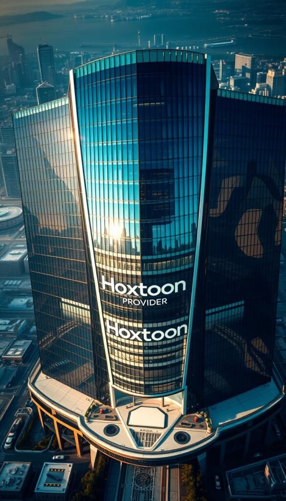 An aerial view of a futuristic corporate headquarters, its sleek glass and steel facade gleaming in the afternoon sunlight. In the foreground, the prominent "Hoxtoon Provider" logo is emblazoned on the main entrance, conveying a sense of authority and innovation. The building is situated amidst a sprawling urban landscape, with skyscrapers and modern infrastructure in the background, suggesting the expansive reach and technological prowess of the "Hoxtoon" brand. The scene is captured with a cinematic, wide-angle lens, emphasizing the scale and grandeur of the subject. The lighting is crisp and directional, casting dramatic shadows and highlights that accentuate the architectural details. The overall mood is one of sophistication, progress, and market dominance, befitting the leading IPTV provider in the USA.
