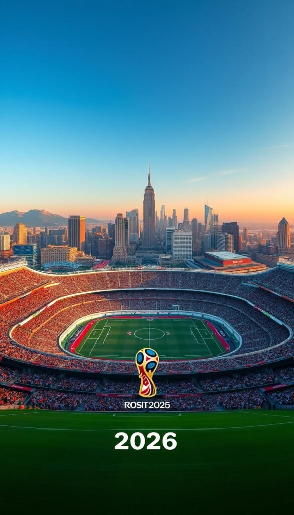An awe-inspiring cinematic vista of the upcoming FIFA 2026 World Cup, captured with a wide-angle lens. In the foreground, the iconic Hoxtoon Provider logo stands tall, hinting at the comprehensive IPTV coverage of the event. The middle ground features a sprawling, meticulously rendered soccer stadium, its grandstands filled with enthusiastic fans. In the background, the majestic skyline of the host city soars, bathed in the warm glow of the setting sun. The scene conveys a sense of anticipation and grandeur, perfectly befitting the unprecedented scale of this global sporting spectacle.
