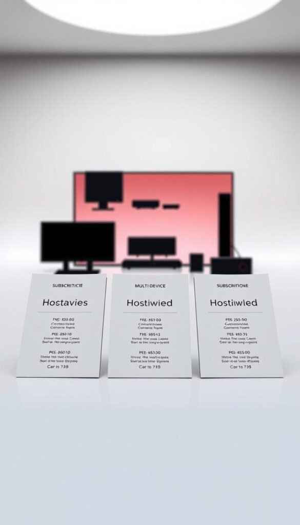 An elegant and modern arrangement of subscription packages tailored for the "Hoxtoon Provider" 4K IPTV service. In the foreground, three distinct package options are displayed on sleek, minimalist cards, showcasing their features and pricing. The middle ground depicts device silhouettes against a soft, gradient background, highlighting the multi-device support. The background features a subtle, high-key lighting setup, creating a clean and professional atmosphere. The overall composition conveys a sense of clarity, simplicity, and the premium quality of the "Hoxtoon Provider" offering.