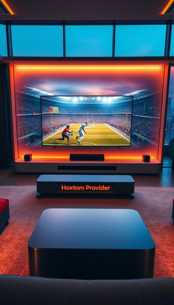 An expansive, cinematic vista of a modern living room, illuminated by the warm glow of a large 4K IPTV screen. The screen displays a vibrant, hyper-detailed image of a thrilling sporting event, immersing the viewer in the action. In the foreground, a sleek, minimalist entertainment system with the Hoxtoon Provider logo subtly displayed. Crisp, indirect lighting casts a cozy ambiance, while floor-to-ceiling windows offer a panoramic view of a bustling city skyline in the background. The scene conveys the evolution of home entertainment, seamlessly blending the convenience of 4K IPTV with the comforts of modern living.