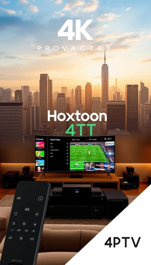 An expansive, high-quality 4K IPTV control panel with the Hoxtoon Provider logo prominently displayed. The foreground showcases a sleek, intuitive interface with customizable channel icons and an array of live sports events in crisp 4K resolution. The middle ground depicts a cozy living room setting with a large, curved 4K television surrounded by premium audio equipment, creating an immersive home theater experience. The background features a cityscape of towering skyscrapers, hinting at the global reach and technological sophistication of the Hoxtoon Provider 4K IPTV services. The overall scene conveys a sense of excitement, comfort, and the ultimate sports viewing experience for passionate fans.