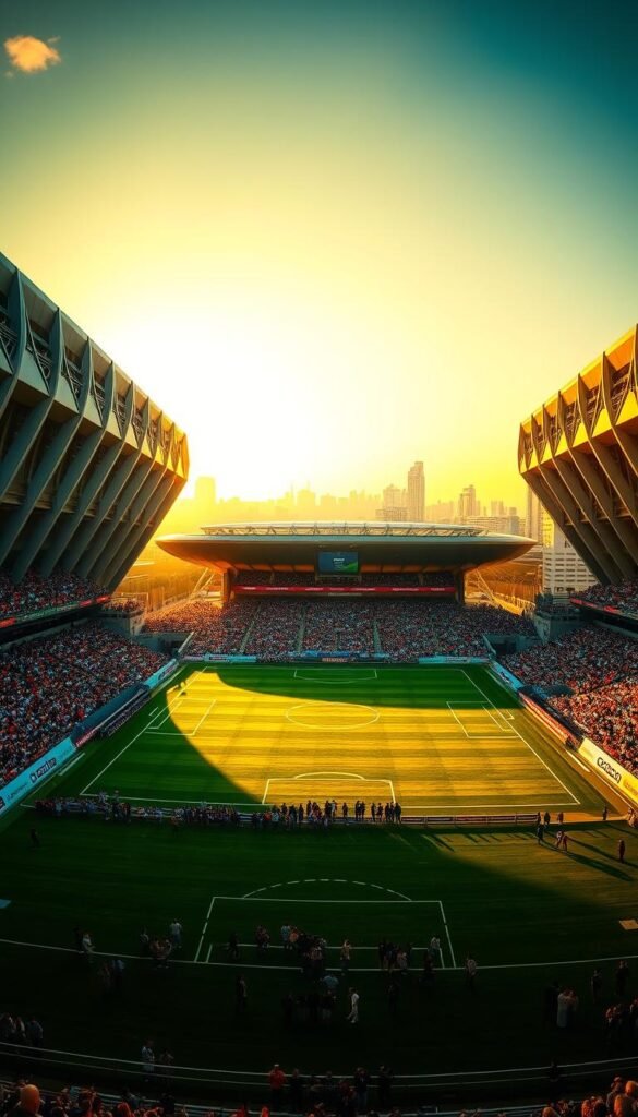 An immersive panoramic view of the 2026 FIFA World Cup venues, bathed in a warm, golden glow. Towering modern stadiums with sleek, angular designs stand tall, their facades reflecting the late afternoon sun. In the foreground, a lush green pitch lies in wait, the perfectly manicured grass ready to host the world's greatest football players. In the middle ground, crowds of eager fans stream into the venues, their excitement palpable. The background reveals the vibrant cityscapes surrounding each stadium, showcasing the diverse host cities of this historic tournament. Lighting is cinematic, with dramatic shadows and highlights that accentuate the architectural details. Composition is balanced, leading the eye seamlessly through the scene. This image perfectly captures the grandeur and anticipation of the 2026 FIFA World Cup, brought to you by the premier IPTV provider, Hoxtoon.