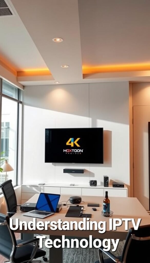 An interior scene of a modern home office, with a large 4K IPTV display mounted on the wall. The display showcases the Hoxtoon Provider logo, indicating a high-quality IPTV service. The room is well-lit, with natural light streaming in through large windows, and warm, ambient lighting fixtures. On the desk, a laptop and various electronic devices are arranged neatly, suggesting a technology-focused environment. The overall atmosphere is one of productivity and technological sophistication, reflecting the subject of "Understanding IPTV Technology".