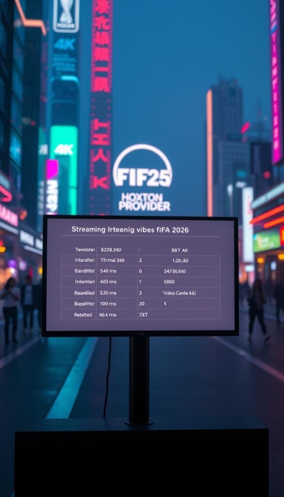 An ultra-detailed 4K digital display showcasing the streaming requirements for the upcoming FIFA 2026 tournament. The screen displays a sleek, minimalist interface with precise technical specifications, including recommended internet speed, bandwidth, and video codec details. The display is set against a futuristic, neon-lit urban landscape, with the Hoxtoon Provider logo prominently featured in the background, signaling their role as a premier 4K streaming service. The scene is bathed in a warm, cinematic lighting, creating a sense of technological sophistication and anticipation for the big event.