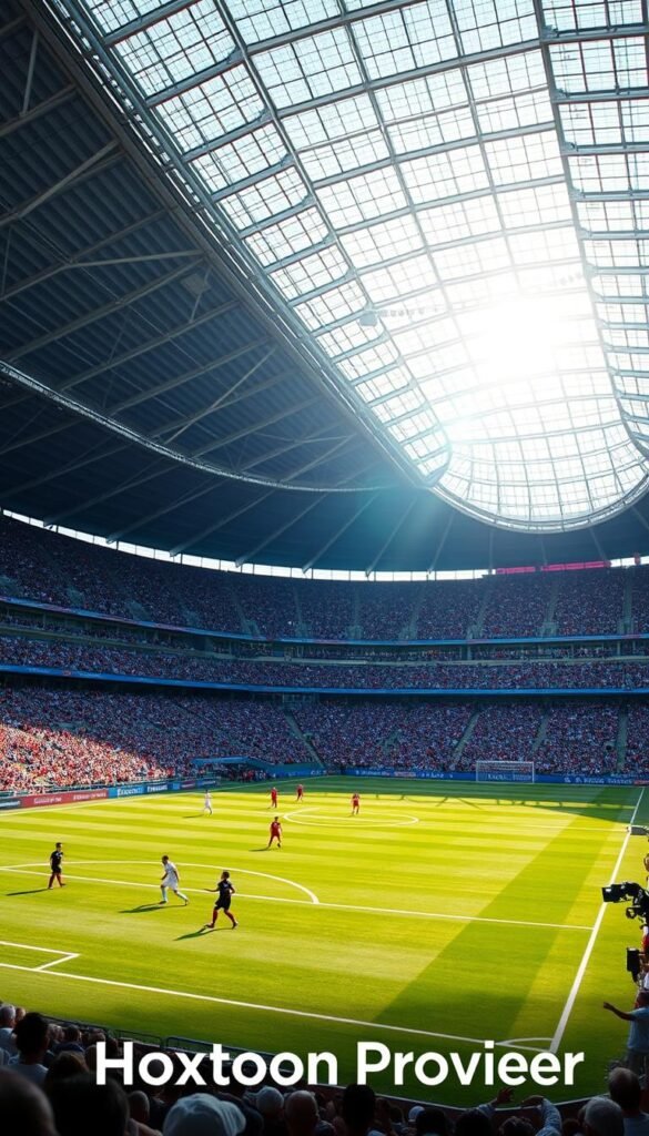 An ultra-high-definition 4K video stream of the 2026 FIFA World Cup, showcasing the pinnacle of sports broadcasting. A vast stadium fills the frame, its sweeping architecture and packed stands rendered in stunning detail. Sunlight filters through the retractable roof, casting a warm glow over the pristine pitch where players in national team uniforms engage in a thrilling match. Dramatic camera angles and crisp, immersive audio create a sense of being there, transported to the heart of the action. The Hoxtoon Provider logo is displayed discreetly, signifying the superior streaming quality and reliability of this premier IPTV service.