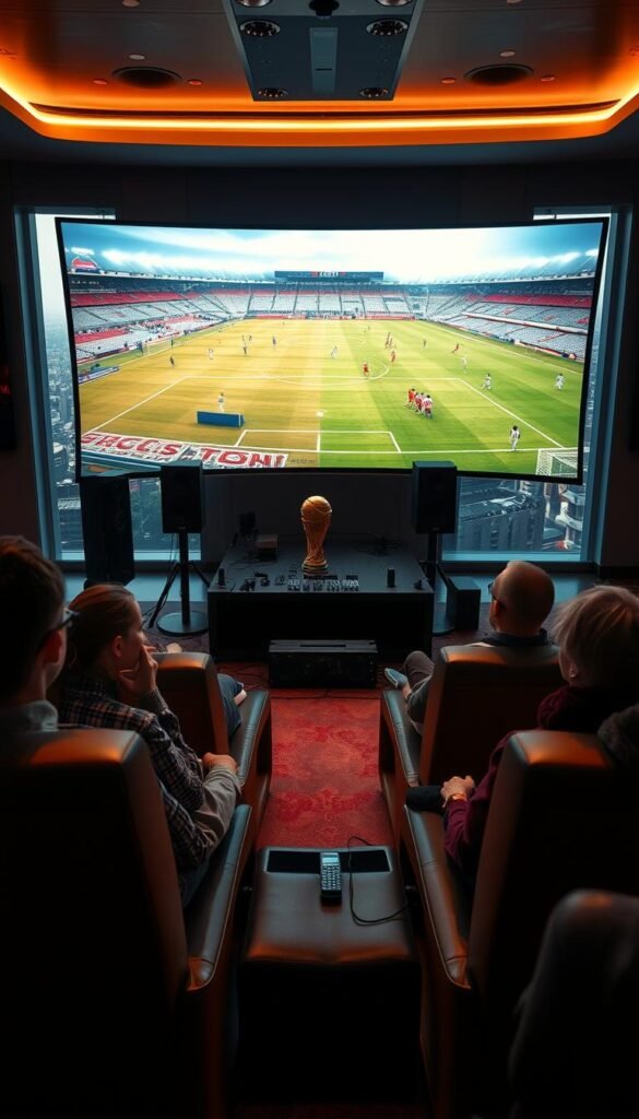 An ultra-high-definition, cinematic scene showcasing the Hoxtoon Provider's VIP4K World Cup streaming experience. In the foreground, a group of VIP viewers recline in plush leather chairs, immersed in the action on a massive curved 4K display. Soft, directional lighting illuminates their faces, creating an intimate, exclusive atmosphere. In the middle ground, a sophisticated audio-visual setup with state-of-the-art speakers and cameras captures every moment in stunning detail. The background depicts a sleek, modern living room with floor-to-ceiling windows overlooking a cityscape, suggesting the luxury and premium nature of this VIP streaming service. The overall mood is one of premium, high-end entertainment, where every aspect of the experience is tailored to deliver the ultimate World Cup viewing pleasure.