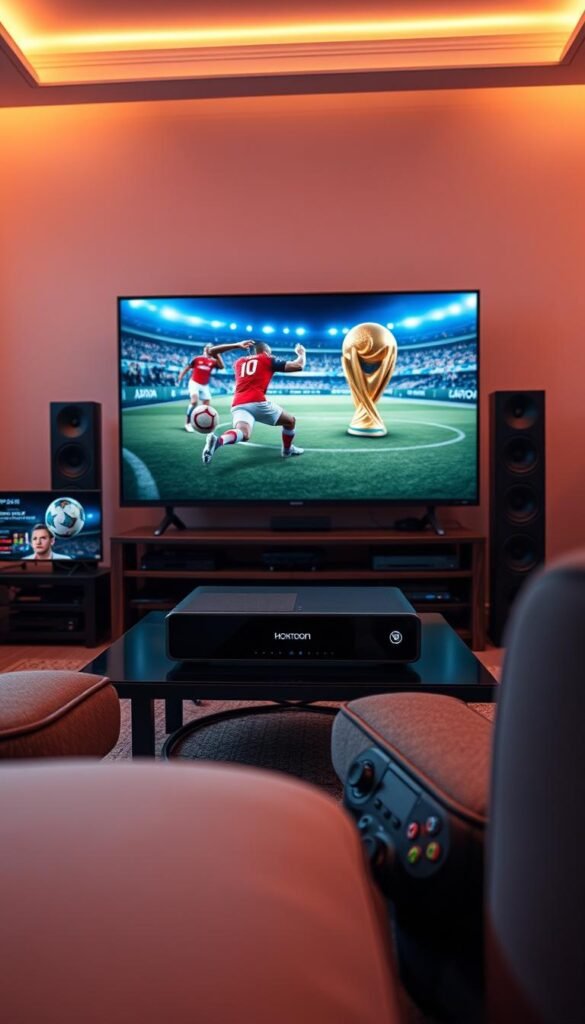 An ultra-high-definition home media setup with a sleek Hoxtoon IPTV provider box at the center, surrounded by a gaming console, a smart TV, and high-end audio equipment. The room is bathed in warm, ambient lighting, creating a cozy, cinematic atmosphere perfect for immersive FIFA 2026 World Cup viewing. The camera angle emphasizes the advanced technology, suggesting a future-forward, seamless sports entertainment experience.
