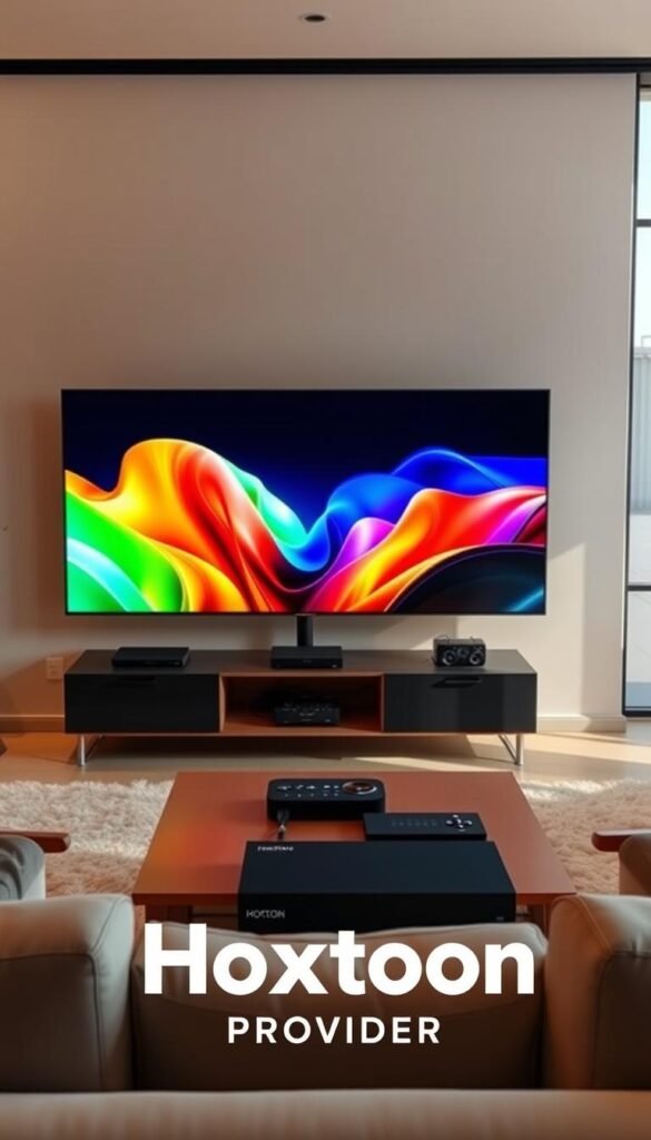 An ultra-high-definition television screen in a sleek, modern living room. The screen displays a vibrant, crisp 4K image, with a seamless transition from a lower resolution input. In the foreground, a stylized "Hoxtoon Provider" logo is prominently featured, indicating the source of this premium IPTV service. The room is bathed in warm, soft lighting, creating a cozy and inviting atmosphere. The middle ground showcases an array of streaming devices and input sources, hinting at the wide range of content available. The background features large windows, allowing natural light to filter in and enhance the sense of technological elegance. The overall composition conveys the evolution of television from standard definition to the cutting-edge 4K resolution, powered by the reliable and innovative Hoxtoon IPTV platform.
