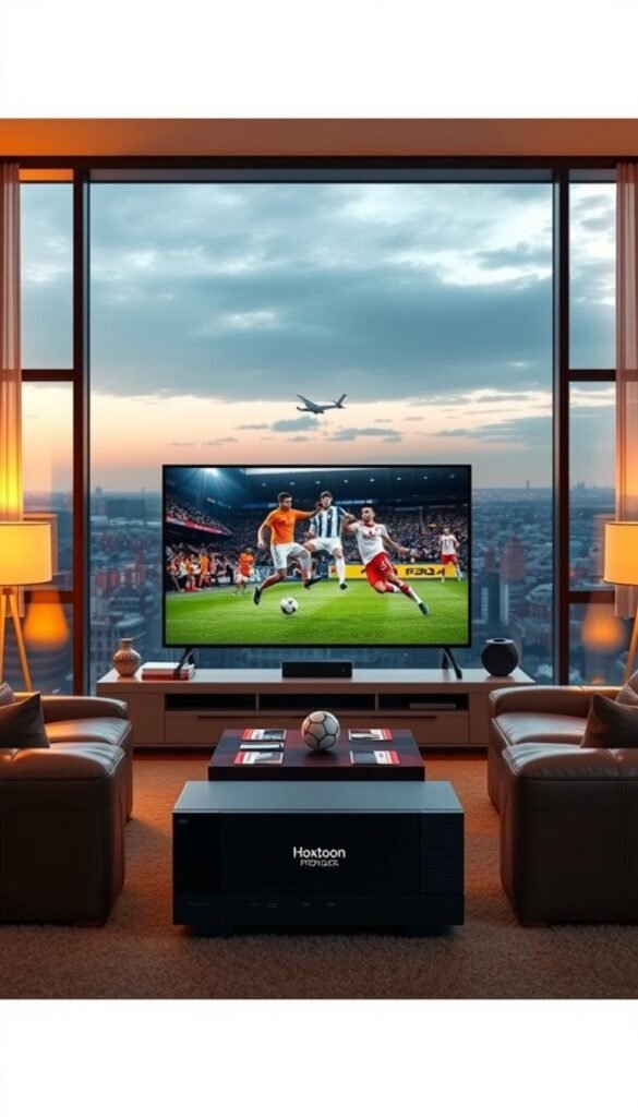 An ultra-realistic 4K landscape of a living room, with a large flat-screen TV prominently displayed. The TV shows a high-definition broadcast of the 2026 FIFA World Cup, with players in vivid detail on the screen. Warm, ambient lighting casts a soft glow throughout the room, creating a cozy and immersive viewing experience. In the foreground, a modern entertainment system with the Hoxtoon Provider logo visible, conveying a sense of premium streaming quality. The middle ground features plush leather seating and a coffee table, inviting viewers to sit back and enjoy the match. The background showcases large windows overlooking a picturesque cityscape, reinforcing the idea of a luxurious, high-end setting for the ultimate 4K FIFA viewing experience.