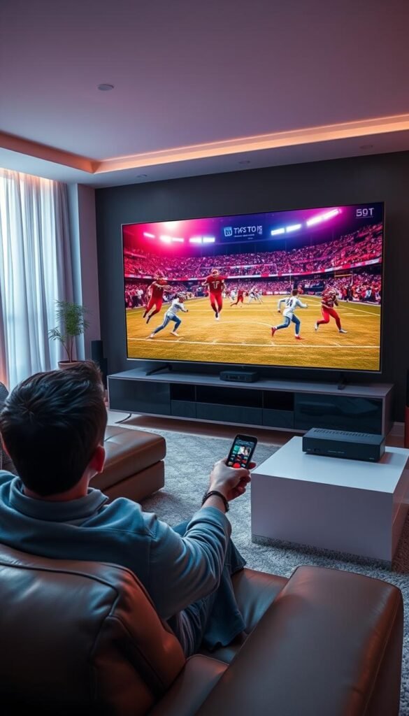 Cinematic wide shot of a modern living room with a massive 4K OLED TV screen displaying a live sports event. In the foreground, a person is comfortably seated on a plush leather sofa, holding a sleek remote control. The room is bathed in warm, ambient lighting, creating a cozy, immersive atmosphere. In the background, a Hoxtoon Provider IPTV setup is neatly organized on a minimalist entertainment console, indicating the high-quality streaming service powering the vivid, crystal-clear imagery on the screen. The overall scene conveys a sense of luxury, technology, and the ultimate live sports viewing experience.