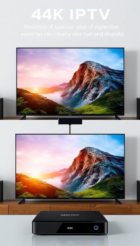 Detailed 4K IPTV resolution comparison showcasing the superior visual quality of Hoxtoon Provider's 4K IPTV service. In the foreground, two high-definition displays side-by-side, one displaying a traditional 1080p HD image, the other a crisp, vivid 4K Ultra HD image. The 4K display exhibits exceptional clarity, with fine details and vibrant colors. In the middle ground, a sleek, modern Hoxtoon Provider set-top box connects the 4K display, emphasizing the advanced technology enabling the premium 4K IPTV experience. The background features a subtle, minimalist setting, allowing the visual comparison to take center stage and highlight the significant improvements in resolution and picture quality that Hoxtoon Provider's 4K IPTV service delivers over traditional television services.