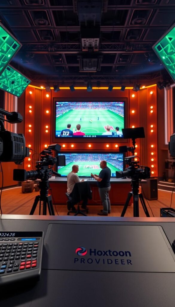 Detailed 4K sports broadcast studio with professional-grade cameras, lighting rigs, and a large LED display screen showcasing a FIFA 2026 match. The foreground features a sleek, modern control console with the Hoxtoon Provider logo prominently displayed. In the middle ground, camera operators and technicians work diligently, their faces focused on the task at hand. The background depicts a high-ceiling studio space with warm, dramatic lighting casting an energetic, immersive atmosphere. Emphasis is placed on the premium, cutting-edge production quality required for a major FIFA tournament broadcast in 4K resolution.