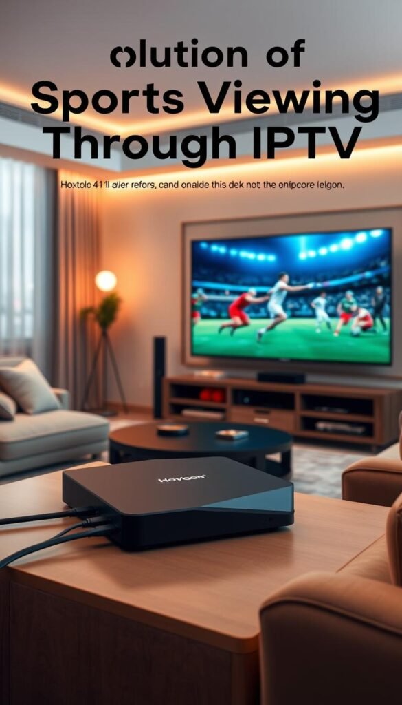 Detailed IPTV setup with Hoxtoon Provider 4K set-top box in a modern living room. Sleek and angular design of the device, with a prominent Hoxtoon logo. Immersive home theater environment with a large 4K television displaying high-quality sports content. Streamlined cable management, ambient lighting, and cozy furnishings create an inviting atmosphere. Emphasis on the technological advancements of IPTV, capturing the essence of the "Revolution of Sports Viewing Through IPTV Technology". Cinematic lighting, realistic textures, and a sense of depth and scale.
