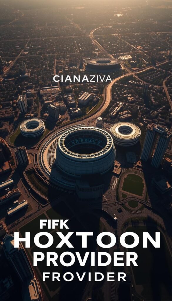 Detailed aerial view of the FIFA 2026 World Cup host cities across North America, showcasing the iconic stadiums and surrounding urban landscapes. Bright, cinematic lighting illuminates the scene, with long shadows and dramatic highlights. The Hoxtoon Provider logo prominently displayed in the foreground, reflecting the technological innovation that will bring this historic event to life in 4K resolution. A wide, panoramic composition captures the scale and grandeur of this global sporting spectacle.