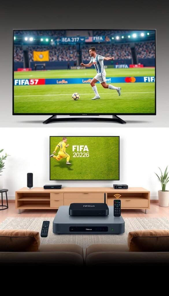 Detailed digital illustration of a traditional television broadcast setup contrasted with an IPTV system for streaming FIFA 2026 matches in high-quality 4K. In the foreground, a large TV screen displays a FIFA match, with two soccer players in dynamic poses on the field. In the middle ground, an IPTV setup with the Hoxtoon Provider branding is shown, featuring a streaming device, remote control, and mobile devices. The background depicts a modern living room environment with minimalist furnishings. The scene conveys a sense of technological advancement, offering a visual comparison between conventional broadcasting and the convenience of IPTV for enjoying the FIFA 2026 tournament in exceptional detail and clarity.