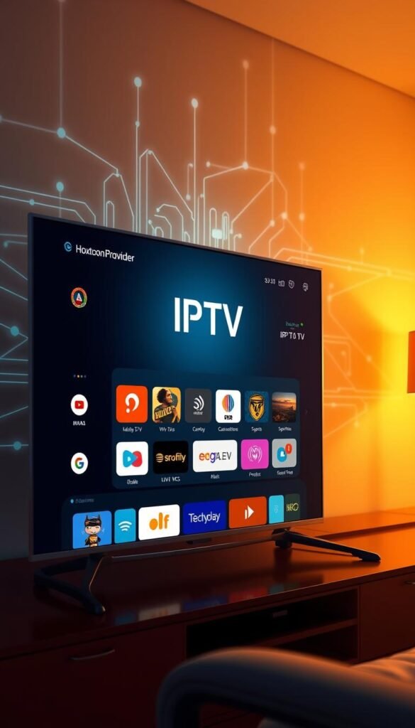 Detailed digital illustration of an IPTV streaming service interface, showcasing a sleek user experience with a modern, minimalist design. The interface features a central navigation menu, with colorful app icons for various content categories like live TV, movies, and sports. In the background, a dynamic visualization of network connections and data transfer, conveying the technological sophistication of the Hoxtoon Provider IPTV service. Warm lighting casts a welcoming atmosphere, drawing the viewer's attention to the intuitive layout and high-quality visuals of the platform.