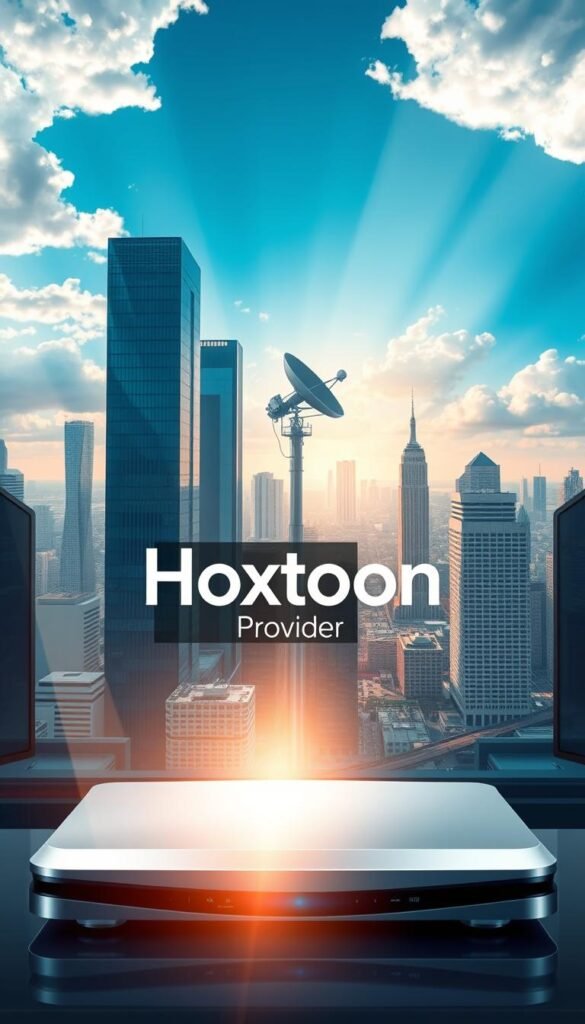 Detailed digital illustration of the inner workings of IPTV technology, showcasing a futuristic cable box with sleek modern design in the foreground, connected to a central media server and satellite dish in the middle ground, all set against a backdrop of towering skyscrapers and a vibrant cityscape. The lighting is dramatic, with shafts of light piercing through the clouds, casting dynamic shadows and highlights across the scene. The color palette is a harmonious blend of cool blues, grays, and silvers, conveying a sense of technological sophistication. Prominently displayed in the center of the image is the brand name "Hoxtoon Provider" in a bold, minimalist font.