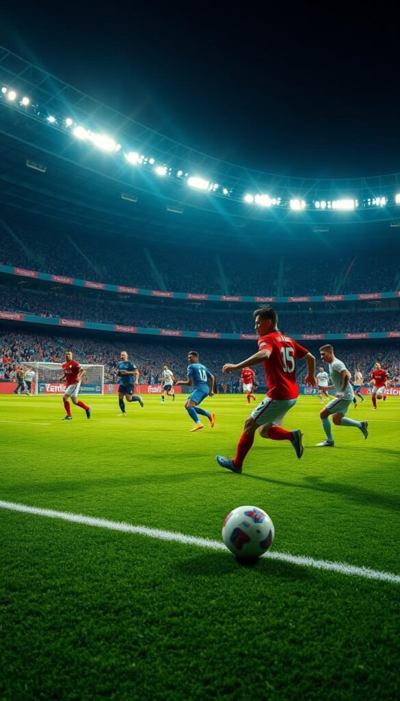 Dramatic 4K soccer matches, players in motion on the lush green field, shot with a cinematic wide-angle lens. Vibrant stadium lights cast dramatic shadows, creating an immersive atmosphere. Hoxtoon Provider's premium 4K streaming captures every detail - the roar of the crowd, the sweat on the players' brows, the ball's trajectory. An epic, high-definition spectacle that brings the thrill of live soccer into the viewer's living room.