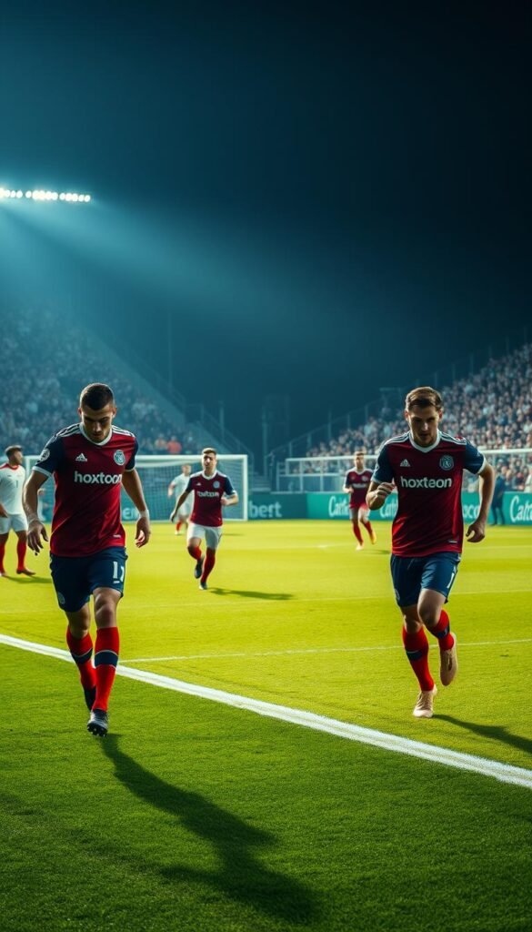 Dramatic and dynamic 4K Ultra HD soccer match, captured from the sideline. The vibrant green pitch is alive with the movement of players in Hoxtoon Provider uniforms, their jerseys emblazoned with the team crest. Sweeping camera angles showcasing the energy and intensity of the game, with the crowd roaring in the background. Crisp, cinematic lighting illuminates the scene, emphasizing the players' athletic prowess and the high-stakes drama of the World Cup tournament. A thrilling, immersive experience that captures the essence of 4K IPTV soccer viewing.