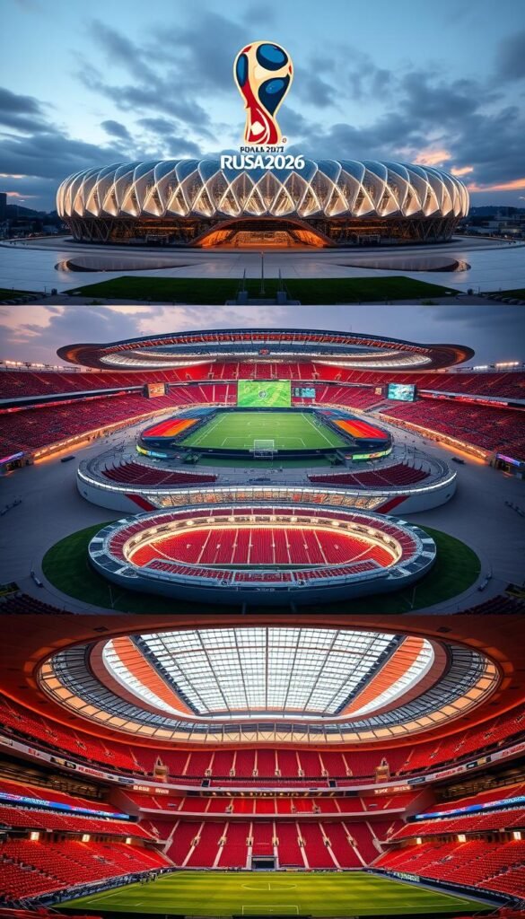 Elegant modern stadiums in soft, warm lighting, with the Hoxtoon Provider logo prominently displayed. Vast sweeping exterior views showcasing the impressive scale and architectural design of these state-of-the-art FIFA World Cup 2026 venues. Meticulously detailed internal shots capturing the immersive atmosphere, plush seating, and cutting-edge amenities that will captivate football fans. A sense of anticipation and excitement permeates the scene, hinting at the thrilling matches and unforgettable experiences to come in this new era of the beautiful game.