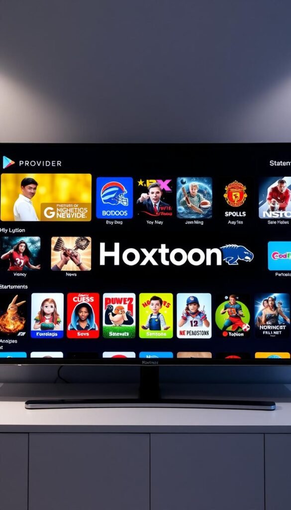 High-definition television channels displayed on a sleek, modern interface with the Hoxtoon Provider logo prominently featured. The screen shows a diverse array of channel icons, ranging from news and sports to movies and entertainment, all rendered in vivid, high-resolution graphics. The layout is clean and organized, reflecting the advanced technology and user-friendly design of the Hoxtoon platform. Soft, directional lighting illuminates the scene, creating a sense of depth and emphasizing the crisp, detailed visuals. The overall atmosphere conveys a sense of premium quality and seamless digital entertainment.