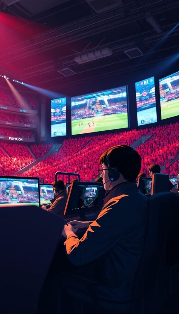 Highly detailed 4K digital illustration of a professional FIFA esports tournament, with a massive stadium arena filled with enthusiastic spectators. In the foreground, elite gamers are intently focused on their screens, masterfully controlling their teams. Vibrant lighting bathes the scene, casting dramatic shadows and highlights. Towering screens in the background display the high-resolution game feed, powered by the Hoxtoon Provider IPTV service. The atmosphere is charged with energy and anticipation, capturing the intensity of a world-class 4K live streaming event.