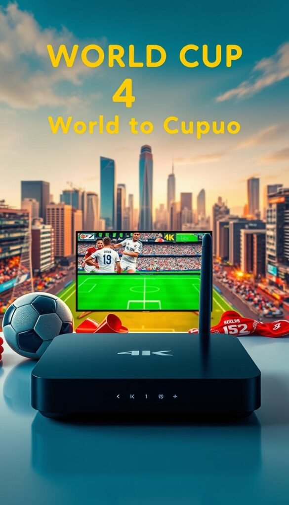 Hoxtoon Provider 4K IPTV Live Sports Package: A high-quality, feature-rich streaming service showcased against a dynamic backdrop. In the foreground, a sleek and modern IPTV device commands attention, its crisp display showcasing vibrant 4K sports content. Surrounding it, a minimalist arrangement of sports paraphernalia - a soccer ball, a referee's whistle, and team jerseys - evokes the excitement of live events. In the middle ground, a meticulously detailed cityscape unfolds, with towering skyscrapers and bustling streets, representing the global reach and versatility of the Hoxtoon Provider service. The scene is illuminated by warm, natural lighting, creating a sense of energy and vibrancy, capturing the essence of the "World Cup" theme. The overall composition conveys the Hoxtoon Provider's technological capabilities, content diversity, and market-leading position in the USA IPTV landscape.