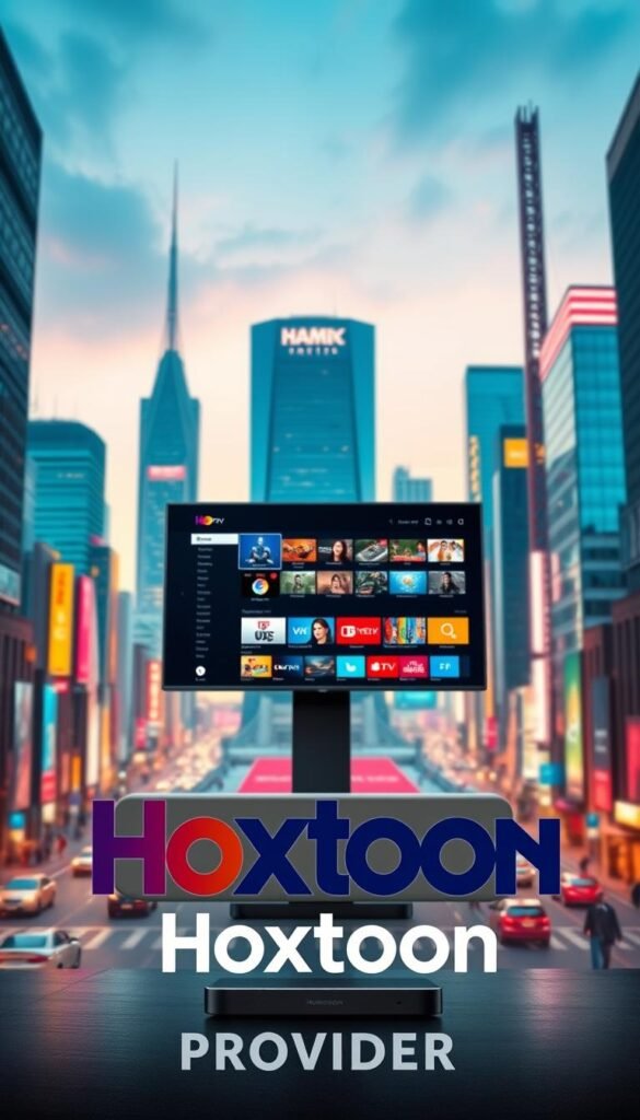 Hoxtoon Provider: A sleek and modern IPTV service, showcased against a backdrop of a vibrant cityscape. In the foreground, the Hoxtoon logo stands prominently, its bold typography and vibrant colors commanding attention. The midground features a crisp, high-definition rendering of the Hoxtoon user interface, displaying a seamless integration of live TV channels, on-demand content, and intuitive navigation. The background is a meticulously detailed urban landscape, with skyscrapers, neon-lit streets, and a sense of energy and dynamism, conveying the cutting-edge technology and global reach of the Hoxtoon Provider platform.