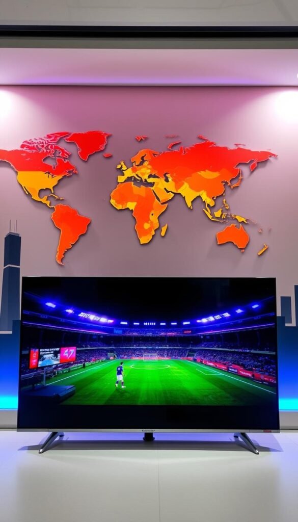 Hoxtoon Provider: A sleek, modern interface showcasing a vibrant 4K world map, signifying the global reach of this premier IPTV service. In the foreground, a high-definition television displays a crystal-clear live broadcast, capturing the excitement of a major sporting event. The background features a stylized skyline, hinting at the service's urban, tech-savvy appeal. Soft, directional lighting illuminates the scene, creating a sense of quality and professionalism. The overall composition conveys the reliable, cutting-edge nature of the Hoxtoon IPTV Provider, positioning it as the ultimate destination for immersive 4K entertainment.