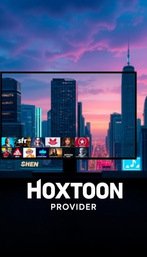 Hoxtoon Provider IPTV Service: A sleek and modern interface showcasing a premium selection of 4K UHD channels for the ultimate viewing experience. A sophisticated cityscape backdrop with skyscrapers and a vibrant night sky, illuminated by the soft glow of neon lights. In the foreground, the Hoxtoon Provider logo takes center stage, rendered in a bold and distinctive typography, hinting at the reliable and cutting-edge technology powering this IPTV service. The overall scene conveys a sense of sophistication, innovation, and the promise of immersive, high-quality entertainment.