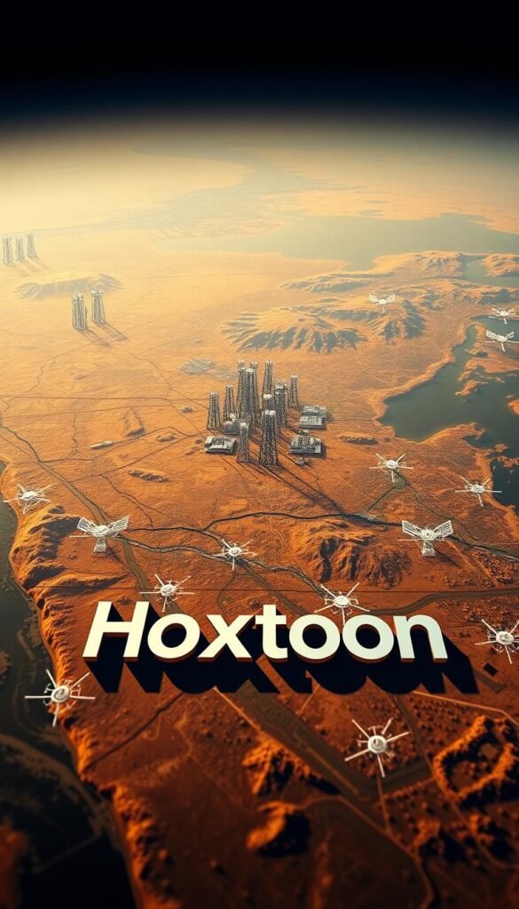 Hoxtoon Provider: a detailed aerial map showcasing the expansive IPTV service coverage across the contiguous United States. Crisp, high-resolution imagery depicting a stylized topographical landscape, with distinct state boundaries and major cities highlighted. The foreground features the Hoxtoon brand logo rendered in a bold, modern typeface, subtly integrated into the overall composition. Warm, natural lighting casts gentle shadows, creating depth and a sense of tangibility. The midground depicts the sprawling network of data centers and transmission towers that power the Hoxtoon infrastructure, represented by simplified geometric forms. In the background, a hazy horizon evokes a feeling of technological prowess and nationwide connectivity. An authoritative, trustworthy tone pervades the scene, underlining Hoxtoon's position as America's premier IPTV provider.
